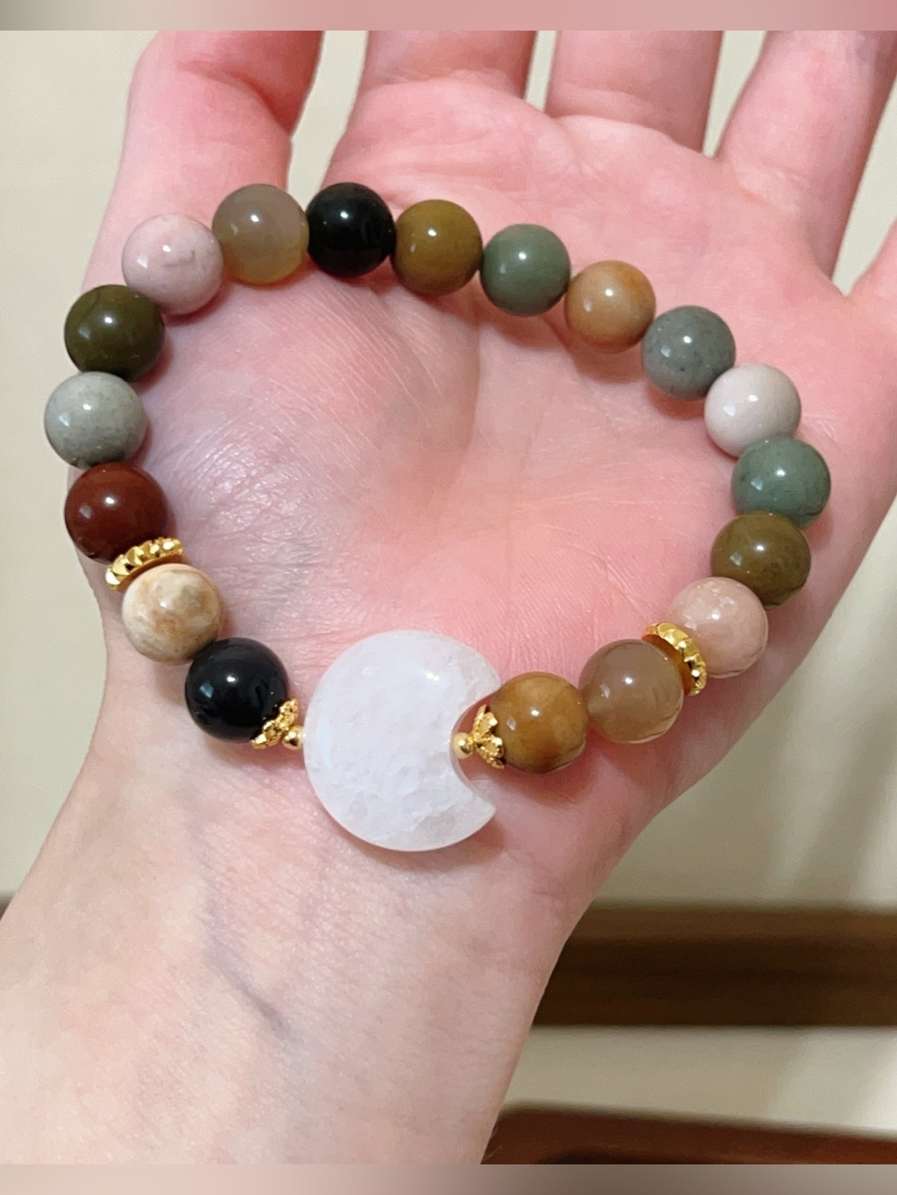 Limited Handmade Multicolor Alashan Agate Snow Phantom Moon charm Bracelet 9.5mm